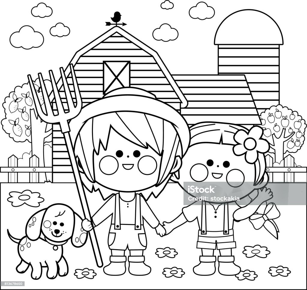 Children At The Farm Black And White Coloring Book Page Stock