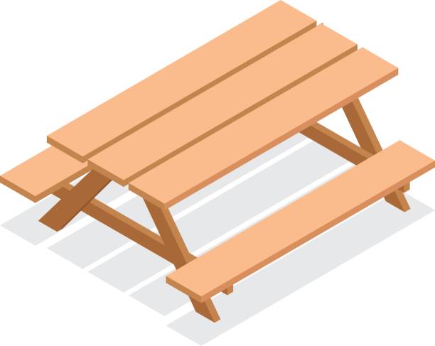 izometryczny drewniany stół z ławkami. ikona wektorowych mebli ogrodowych 3d - stół piknikowy stock illustrations
