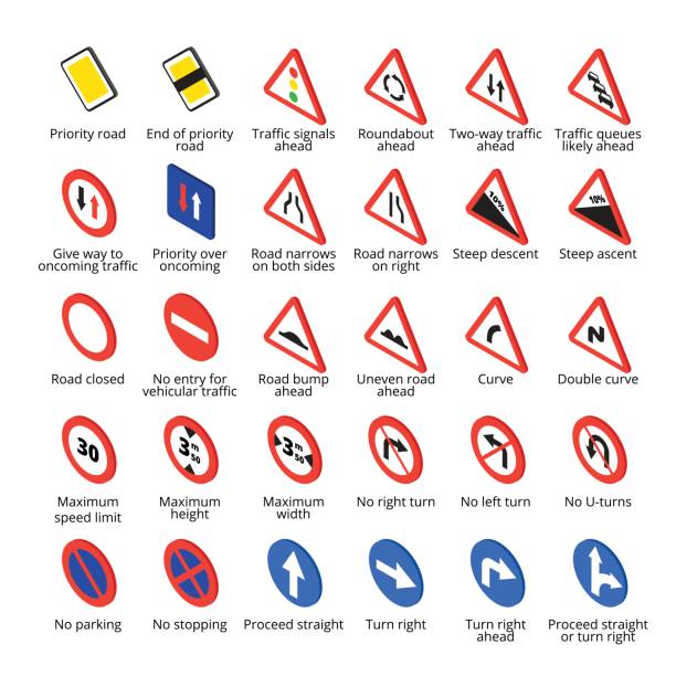 ilustrações de stock, clip art, desenhos animados e ícones de isometric european traffic signs. vector road icons collection. - two way traffic