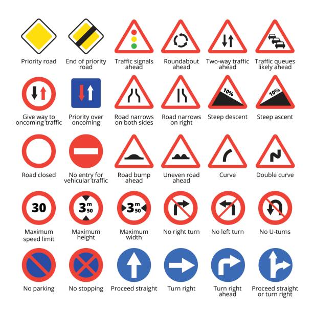 europäische verkehrszeichen. vector icons straßensammlung. - two way traffic stock-grafiken, -clipart, -cartoons und -symbole