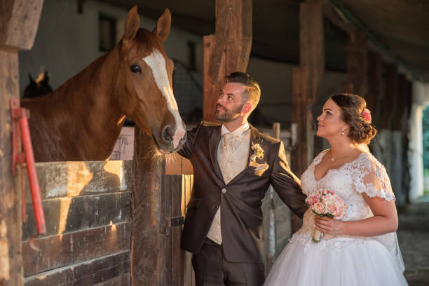 istock Beautiful young couple with horses 813697546