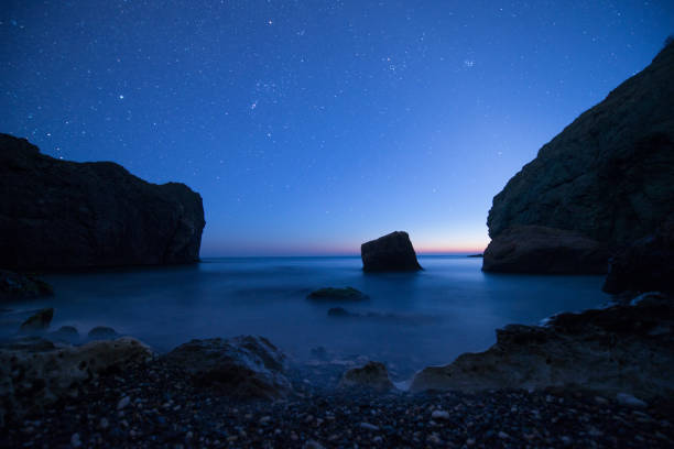 istock Scenic rocky seashore at sunset under the stars 813698644