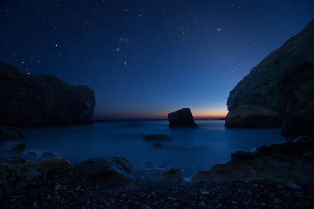 istock Scenic rocky seashore at sunset under the stars 813698650