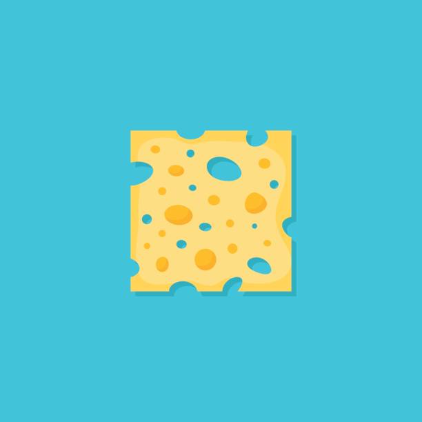 Square slice of cheese flat style icon. Vector illustration. Square slice of cheese isolated on blue background. Flat style icon. Vector illustration. swiss cheese slice stock illustrations