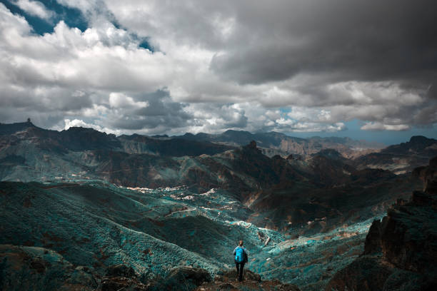 rear view of hiker woman looking at amazing view in Grand Canary, relaxing after climbing the mountains.
