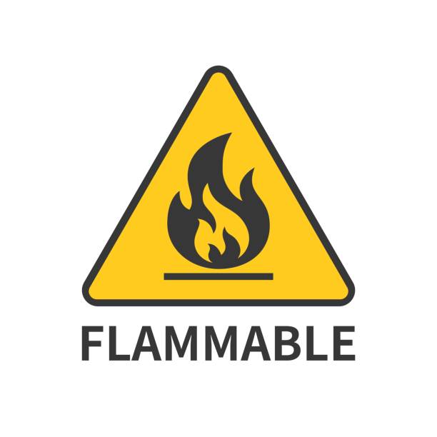 flammable sign icon in yellow triangle flammable sign icon in yellow triangle, flat design symbol flammable stock illustrations