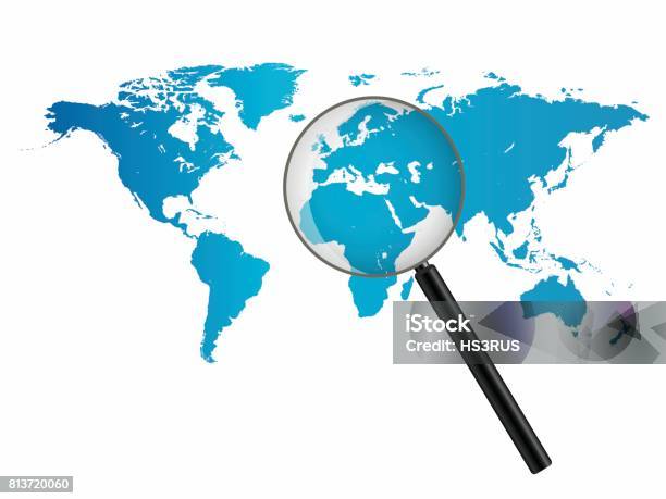 World Map Magnifying Glass Illustration Stock Illustration - Download Image Now - Analyzing, Business, Business Finance and Industry