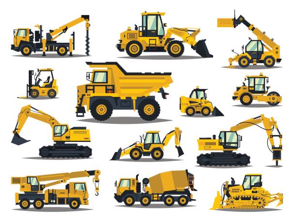 illustrations, cliparts, dessins animés et icônes de grand ensemble de matériel de construction. machines spéciales pour les travaux de construction. chariots élévateurs, grues, pelles, tracteurs, bulldozers, camions. équipement spécial. réparation des routes. véhicules utilitaires. - earth mover bulldozer construction equipment digging