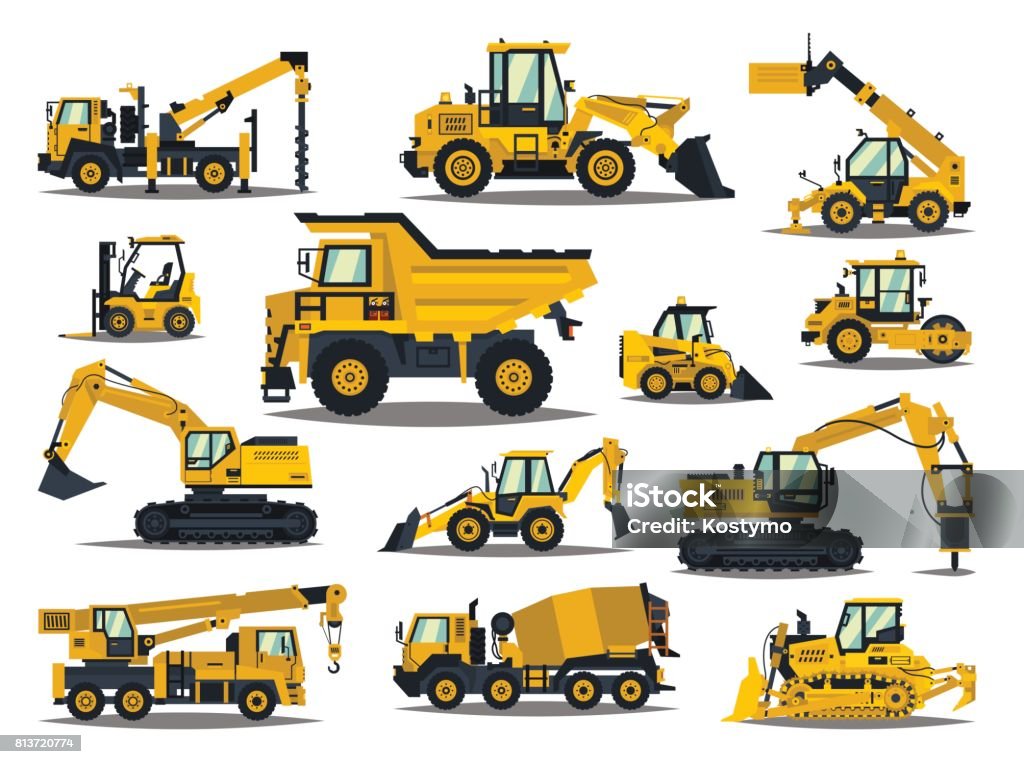 Big set of construction equipment. Special machines for the construction work. Forklifts, cranes, excavators, tractors, bulldozers, trucks. Special equipment. Road repair. Commercial Vehicles. Big set of construction equipment. Special machines for the construction work. Forklifts, cranes, excavators, tractors, bulldozers, trucks. Special equipment. Road repair. Commercial Vehicles Bulldozer stock vector