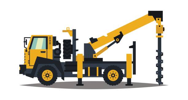 lkw-bohren. gelb, isoliert auf weißem hintergrund. bohranlage. lkw zu verankern. baumaschinen. zerkleinerung von land. vektor-illustration. flachen stil - bohrmaschine stock-grafiken, -clipart, -cartoons und -symbole