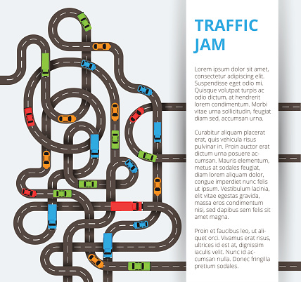 A lot of winding roads with colorful cars and trucks. Traffic concept in modern flat style for web banners and info graphics.