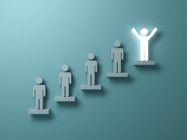 istock Stand out from the crowd and different creative idea concepts, One glowing light man standing with arms wide open on top of stairs concept on green background with shadows. 3D render 813729738
