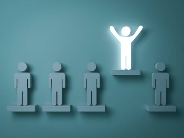 istock Stand out from the crowd and different creative idea concepts , One glowing light man standing with arms wide open above other people on green background with reflections and shadows . 3D rendering 813729772