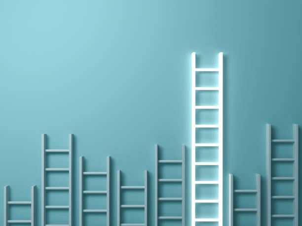 Stand out from the crowd and different creative idea concepts , Longest ladder glowing among other short ladders on light green background with shadows . 3D render