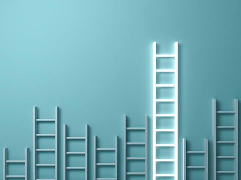 Stand out from the crowd and different creative idea concepts , Longest ladder glowing among other short ladders on light green background with shadows . 3D rendering.