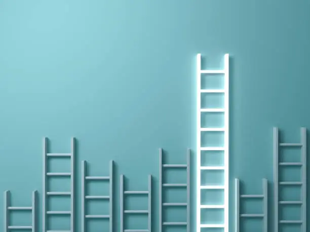 Photo of Stand out from the crowd and different creative idea concepts , Longest ladder glowing among other short ladders on light green background with shadows . 3D render