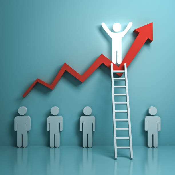 istock Stand out from the crowd and different concept , One glowing light man climbing ladder to standing on top of growth graph chart on light green background with reflections and shadows . 3D rendering 813729902