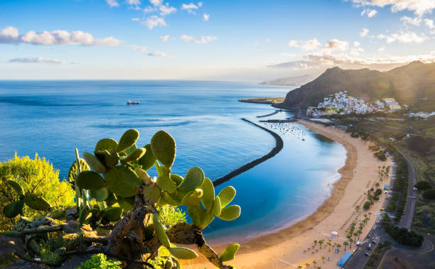 vue imprenable sur las plage teresitas sable jaune. zone géographique : santa cruz de tenerife, tenerife, îles canaries. photo artistique. monde de la beauté. - tenerife spain santa cruz de tenerife canary islands photos et images de collection