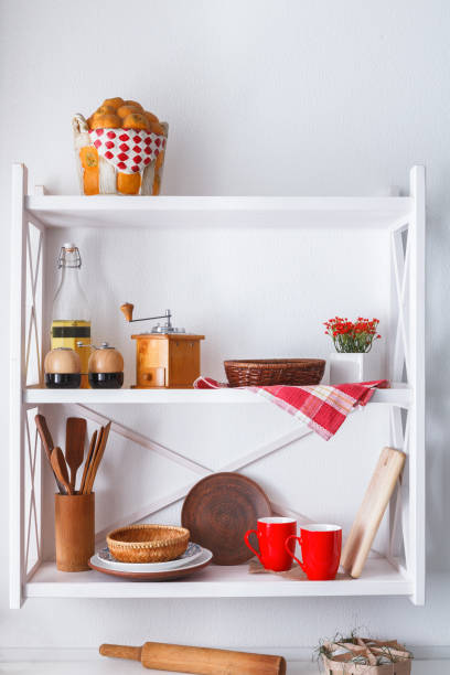 istock White wooden shelf, kitchen rustic furniture 813733648