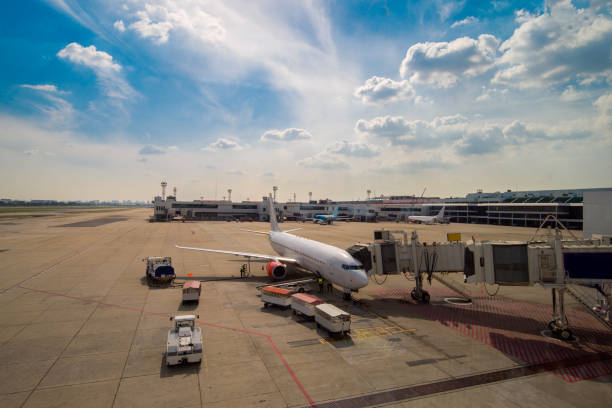 avion prêt pour l’embarquement dans un aéroport hub au ciel bleu - sheremetyevo photos et images de collection