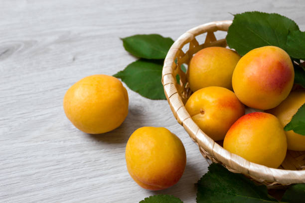 istock Fresh apricots in the basket On a wooden table 813743980