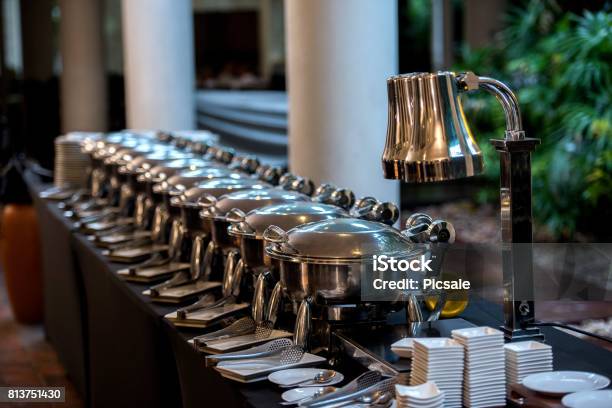 Buffet Table With Row Of Food Service Steam Pans Stock Photo - Download Image Now - Archival, Banquet, Breakfast