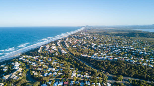 Aerial shot of beach around Noosa Drone photograph of the coastline of Noosa Heads, Queensland Australia sunshine coast australia stock pictures, royalty-free photos & images