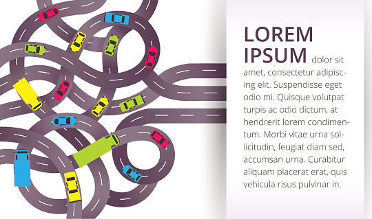 Vector illustration with intertwining. Vector illustration with city map, roads cars, truck and pin pointers. Picture of traffic jam for banner, brochure.