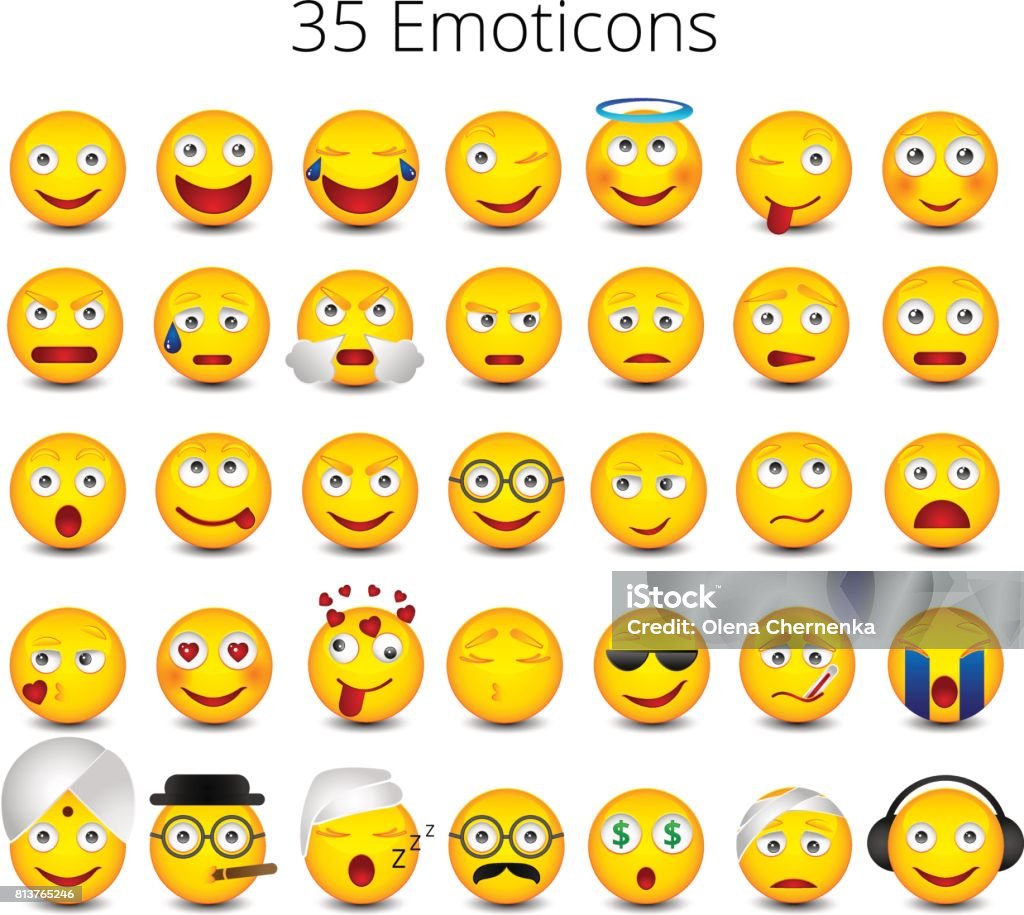 Emoticons. Grande conjunto sobre fundo branco. Ilustração em vetor Emoji - Vetor de Emoticon royalty-free