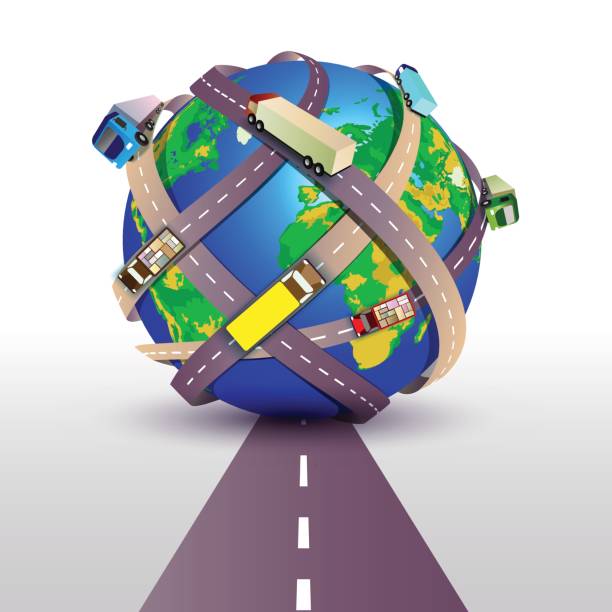 istock Vector illustration. Planet Earth braided many roads with trucks. Transportation concept for web banners and infographics 813766338