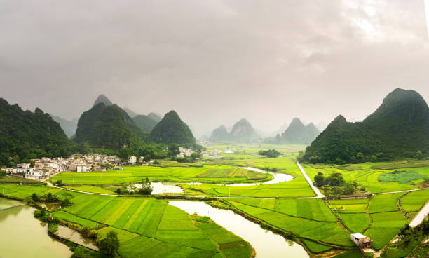istock Stunning rice field view with karst formations China 813769474