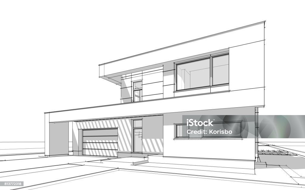 3d rendering  sketch of modern cozy house 3d rendering  sketch of modern cozy house with garage for sale or rent with large garden and lawn. Black line on white background Architecture Stock Photo