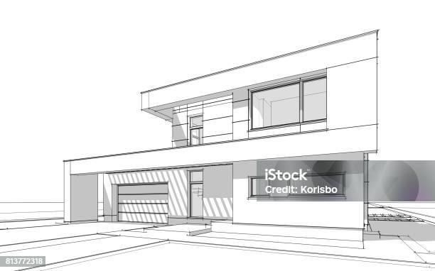 3d Rendering Sketch Of Modern Cozy House Stock Photo - Download Image Now - Architecture, Beauty, Building Entrance