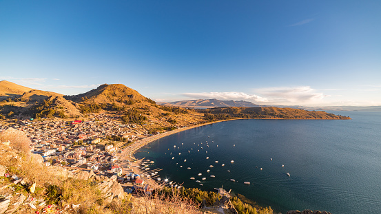 Panoramic view of Copacabana Bay on Titicaca Lake from the summit of Mount Calvario (3966 m), among the most important travel destination in Bolivia.