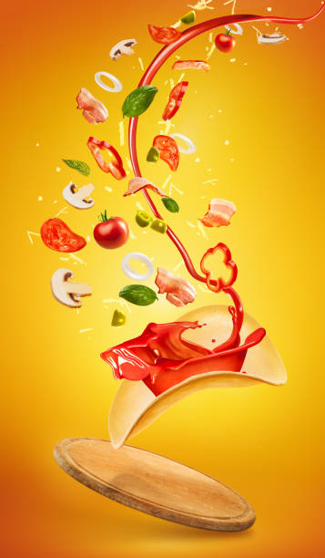 istock Tasty pizza and falling ingredients on orange background 813787222