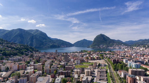 aerial view of lugano city - tessin imagens e fotografias de stock