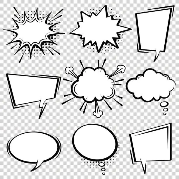 Vector illustration of Comic speech bubble set. Black and white speech boxes.