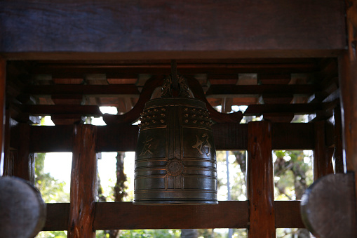 Campos do Jordão, Brazil - July 6, 2017: Buddhist bell, found in the Palace of Boa Vista, city of Campos do Jordão, interior of São Paulo, one of the important sights of the city. The piece was given by the governor of Mie Province (Japan) in order to strengthen the bonds of friendship between the two states.