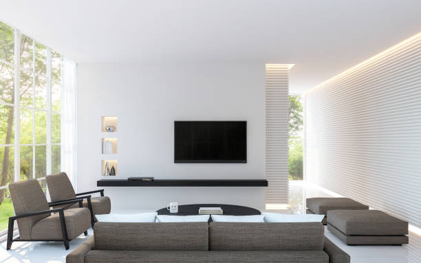 istock Modern white living room decorate wall with line pattern and hidden warm light 3d rendering image. 813823458