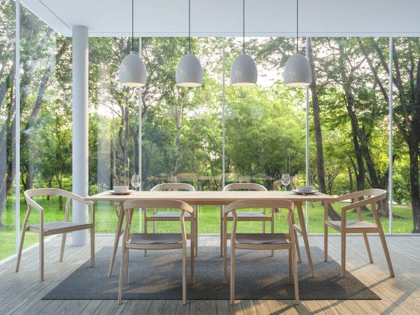 istock Modern dining room in the glass house 3d render image 813823482