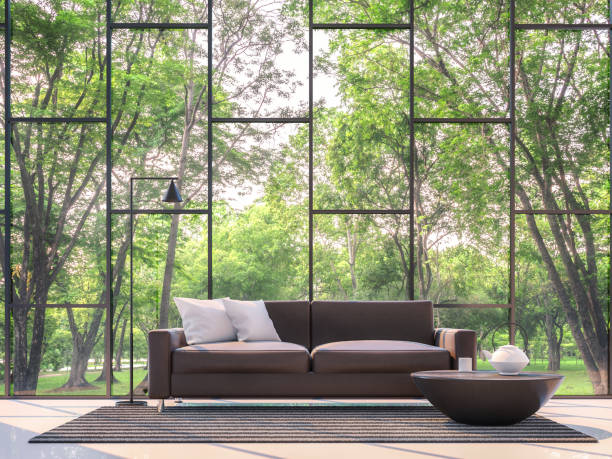 Modern living room with garden view 3d rendering Image Modern living room with garden view 3d rendering Image.There are large window overlooking the surrounding garden and nature bay window stock pictures, royalty-free photos & images