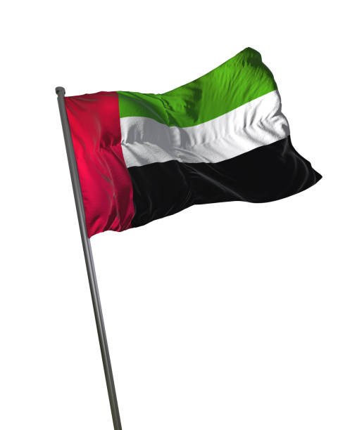 флаг объединенных арабских эмиратов развевается изолированно на белом фоновом портрете - flag of the united arab emirates стоковые фото и изображения