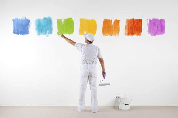 Rear view of painter man pointing with finger the colors on wall, with paint roller and bucket, isolated on white Rear view of painter man pointing with finger the colors on wall, with paint roller and bucket, isolated on white design color swatch painting plan stock pictures, royalty-free photos & images