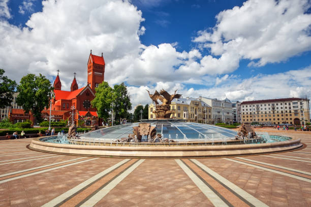 Beautiful fountain in Independence Square in Minsk