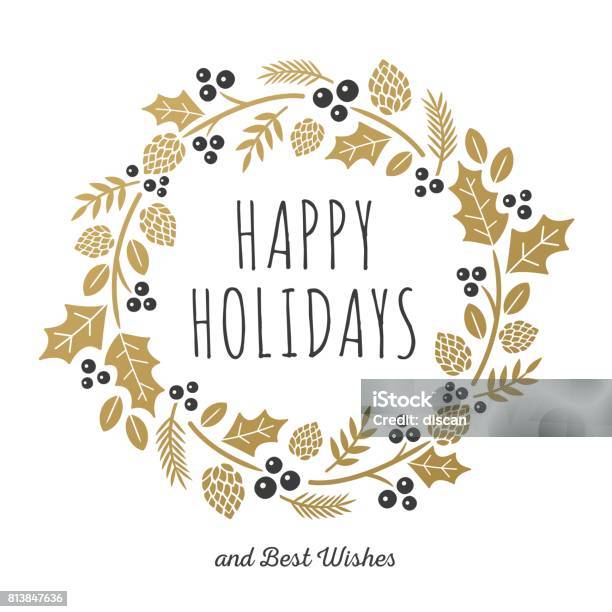 Christmas Card With Golden Wreath Stock Illustration - Download Image Now - Christmas, Wreath, Laurel Wreath