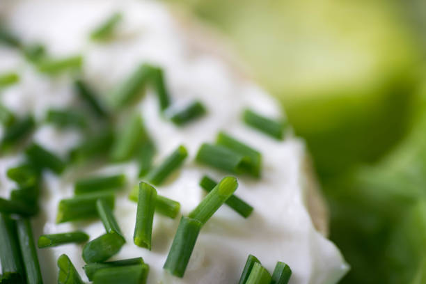 healthy small open sandwich with chives  and cottage cheese selective focus
