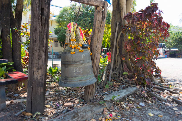 istock Decorated with flowers bell in front of Thai temple 813860442
