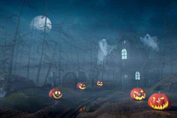 istock Cabin in a Halloween forest with pumpkin lanterns at night 813877428