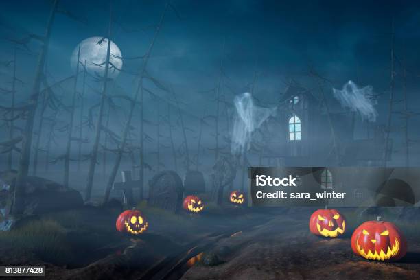 Cabin In A Halloween Forest With Pumpkin Lanterns At Night Stock Photo - Download Image Now