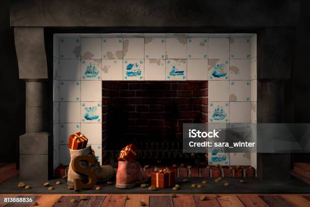 Shoes By The Fireplace For The Dutch Holiday Sinterklaas Stock Photo - Download Image Now